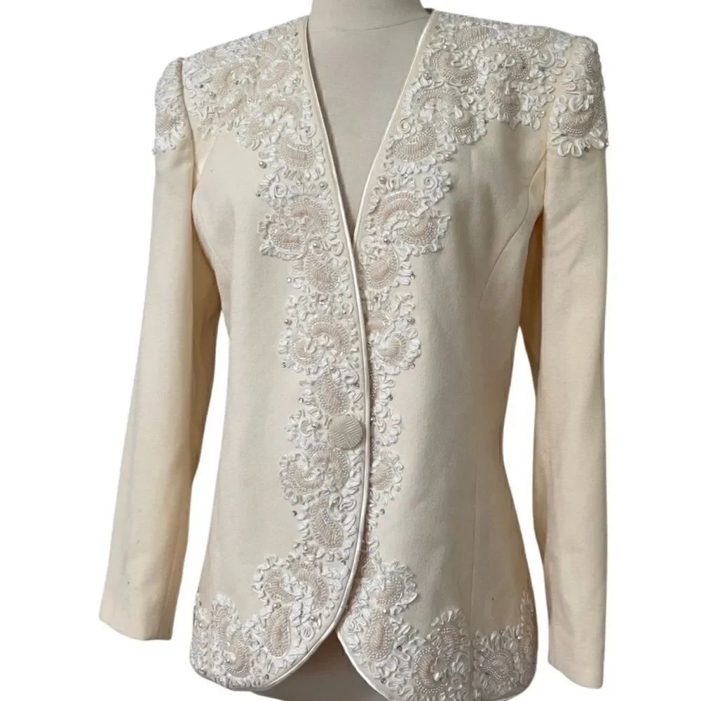 Stunning Vintage Ivory Cream Nolan Miller Beaded Embroidered Wool Jacket